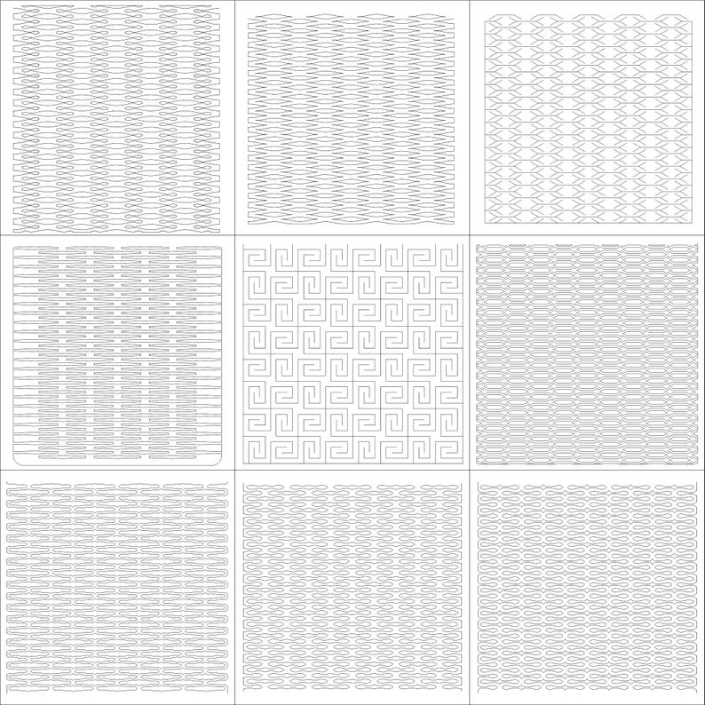 Puede incluir: Nueve paneles cuadrados que muestran varios patrones geom&eacute;tricos en una paleta de grises. Los dise&ntilde;os incluyen l&iacute;neas onduladas repetidas, zigzags y motivos de clave griega, ofreciendo una variedad de texturas e inter&eacute;s visual. Ideal para dise&ntilde;o.