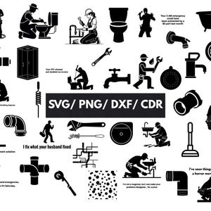 Op de afbeelding: Zwart-wit vectorafbeeldingen van loodgietersgereedschap, armaturen en loodgieters aan het werk. Bevat tekst: SVG/PNG/DXF/CDR, Ik repareer wat je man heeft gerepareerd, Nee, ducttape is geen permanente oplossing, en andere zinnen.
