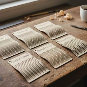 Puede incluir: Seis muestras de dise&ntilde;o de madera cortadas con l&aacute;ser con las palabras "Diamond" y "Pointed Ellipse" impresas. Las muestras est&aacute;n dispuestas sobre una superficie de madera, junto con una taza de caf&eacute;, tijeras y una regla.