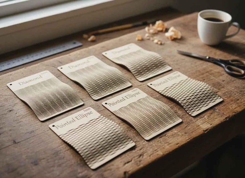 Puede incluir: Seis muestras de dise&ntilde;o de madera cortadas con l&aacute;ser con las palabras "Diamond" y "Pointed Ellipse" impresas. Las muestras est&aacute;n dispuestas sobre una superficie de madera, junto con una taza de caf&eacute;, tijeras y una regla.