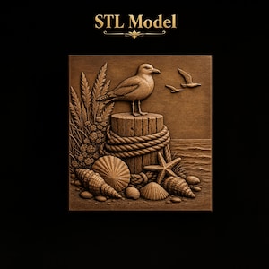 May include: A square brown relief carving labeled STL Model featuring a seagull perched on a wooden piling wrapped in rope, surrounded by coastal elements including tall grasses, various seashells, a starfish, and two birds flying in the sky.