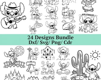 Stitch Adventure SVG DXF, 24 diseños de extraterrestres viajeros, Vaquero pirata esquiador PNG, Arte de silueta