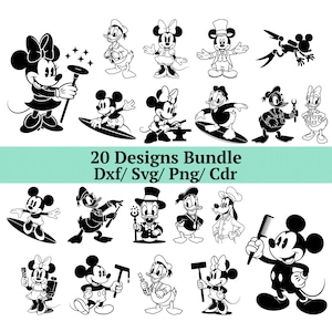 May include: A collection of black and white cartoon character designs, featuring Mickey and Minnie Mouse, Donald Duck, and Goofy. The image includes the text "20 Designs Bundle Dxf/ Svg/ Png/ Cdr".