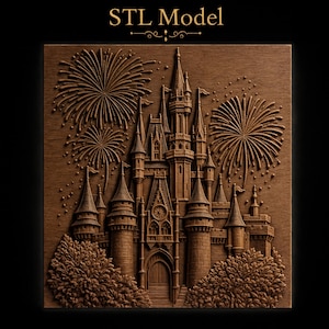 Fairytale Castle Tall Spires Towers Flags Fireworks Bursts Trees STL for CNC Router | 3D Relief Wood Panel