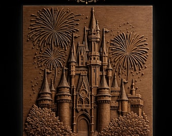 おとぎ話のお城、高い尖塔、塔、旗、花火、木々のSTLファイル（CNCルーター用）｜3Dレリーフ木製パネル