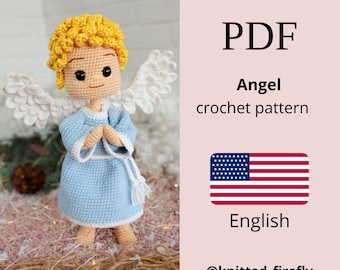 May include: Crochet pattern PDF for making a cute angel doll. The pattern is in English and features a white angel with blue clothing and yellow hair. The pattern is available for download.