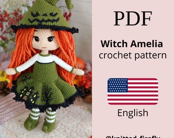 Amelia Witch Crochet Doll Pattern, Halloween Amigurumi Toy (PDF Pattern)