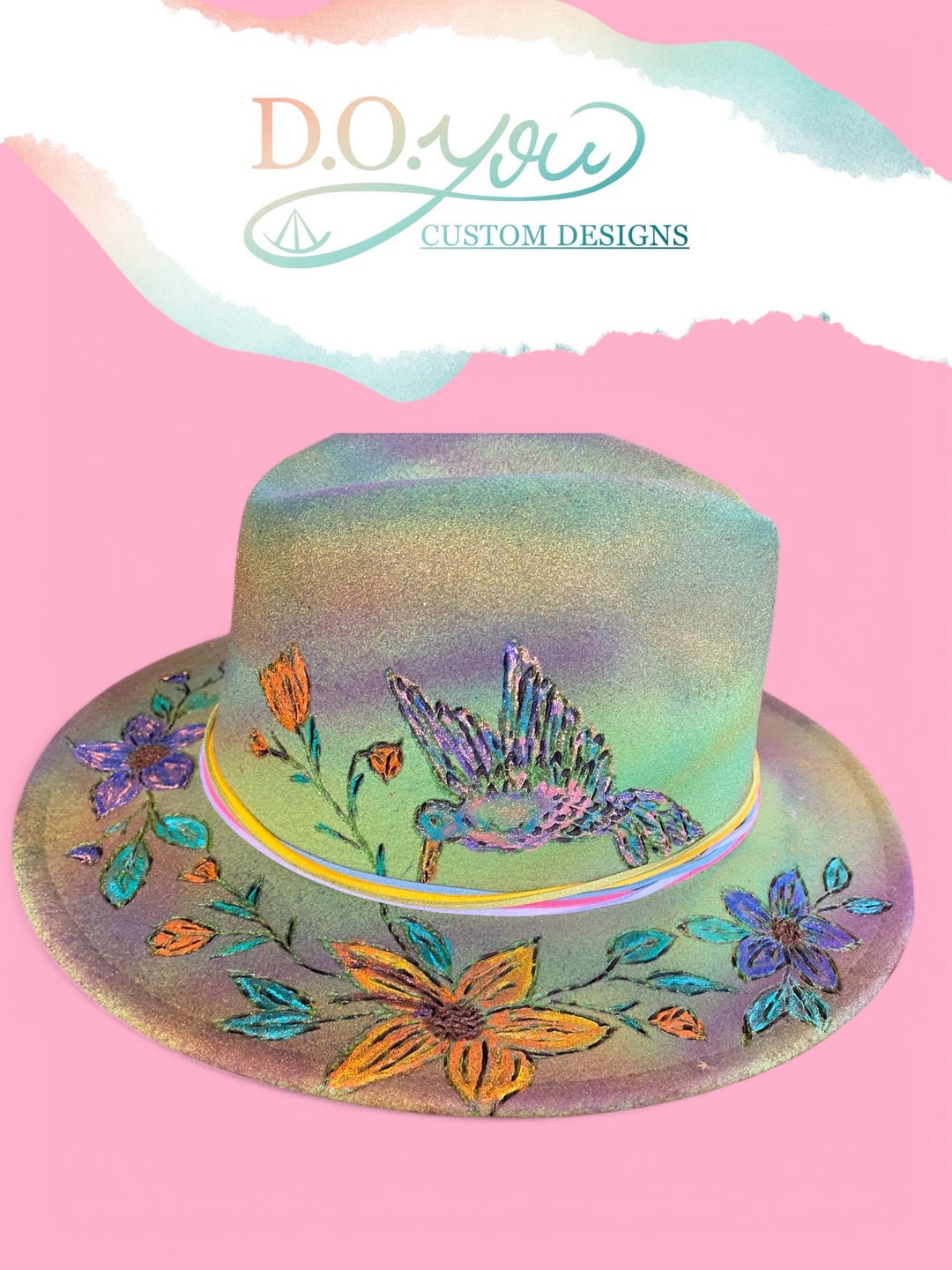 Humming Bird Fedora Free Hand Burning and Hand Painted - Etsy display picture 2