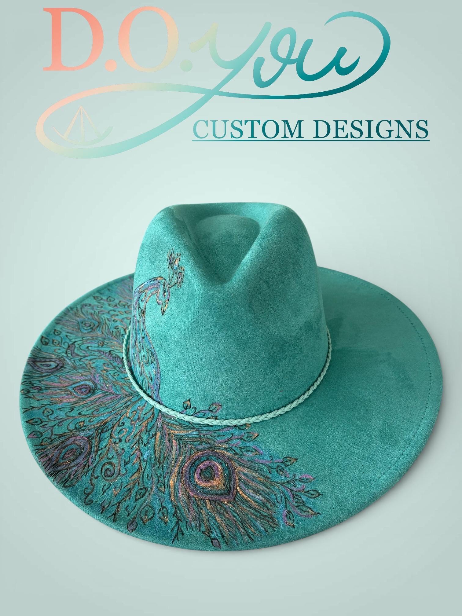 Turquoise Faux Suede Wide Brim Fedora. Free Hand Pyography  display picture 1