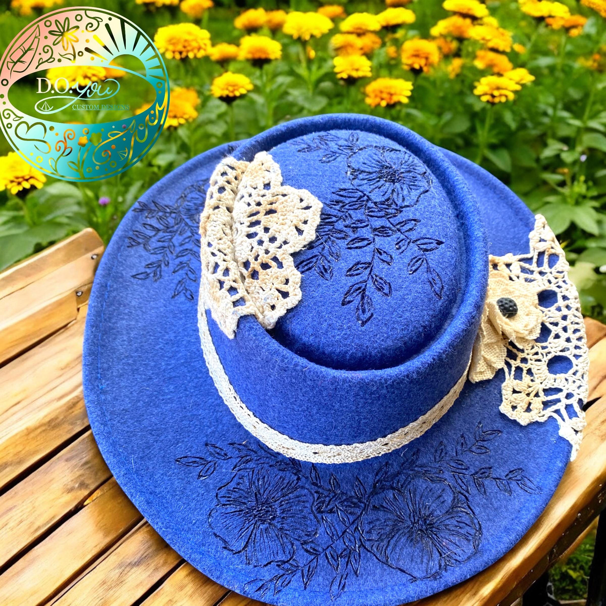 Electric Blue Fedora With Crochet Appliqués and Burlap  display picture 1