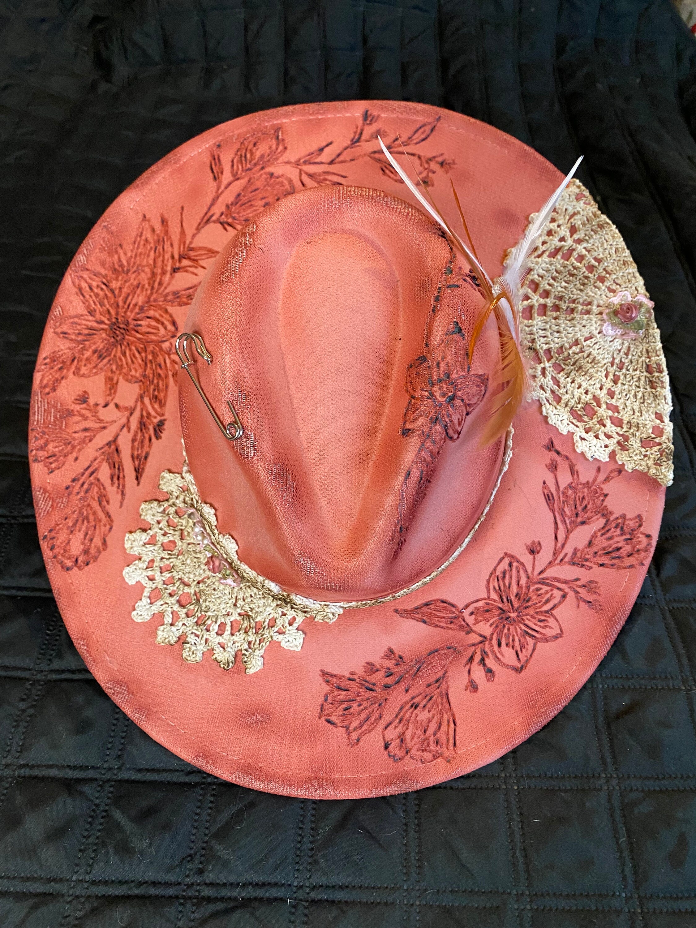 Handmade Beige and Pink Embroidered Wide-Brim Fedora Hat Handmade Embroidered Straw Hat: Mexican Summer Hat With  main image 2