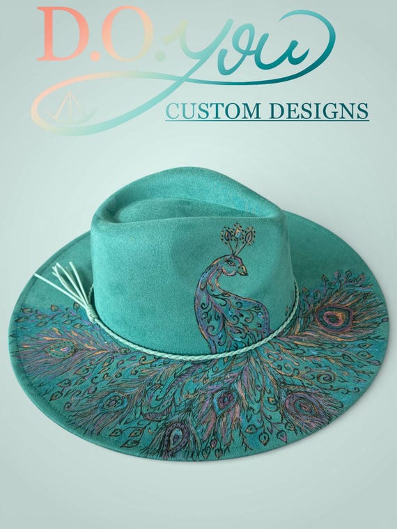 Turquoise Faux Suede Wide Brim Fedora. Free Hand Pyography  display picture 1