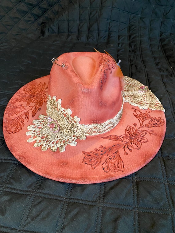 Pink Wide Brim Fedora With Custom Painting and Floral  display picture 2