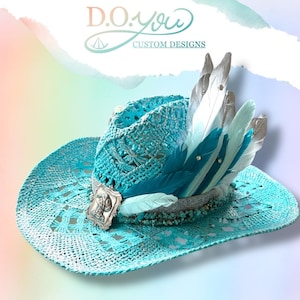 Embellished Wide-Brim Hand Painted Straw Hat with Teal Feather Design_M Teal Straw Hat - Etsy main image 2