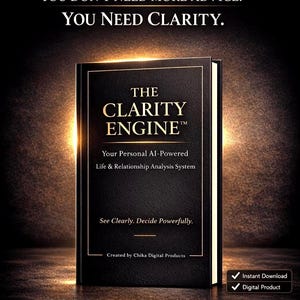 May include: A black book titled "THE CLARITY ENGINE" with gold lettering. The book's cover includes the text "Your Personal AI-Powered Life & Relationship Analysis System" and "See Clearly. Decide Powerfully." The image also includes the text "YOU DON'T NEED MORE ADVICE. YOU NEED CLARITY."