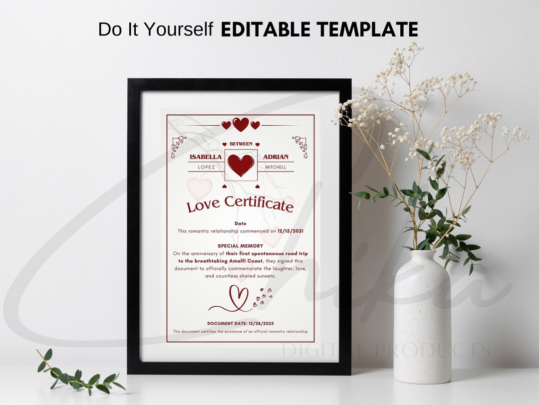 Editable Love Certificate PDF Personalized Romantic Memento ...