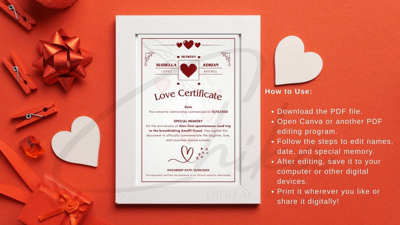 Editable Love Certificate PDF Personalized Romantic Memento ...
