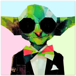 Puede incluir: Una obra de arte estilo collage que representa a una criatura verde con grandes orejas puntiagudas, gafas de sol octogonales negras, una camisa blanca y una pajarita multicolor sobre un fondo de colores pastel segmentado.