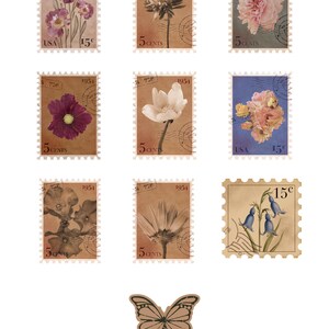 Adesivos florais vintage | Selos postais botânicos retrô para diário, scrapbooking e cartas para amigos por correspondência – sem item físico