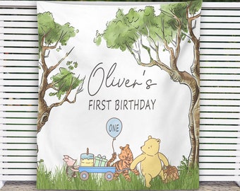 Classic Winnie the Pooh First Birthday Backdrop Personalized Banner