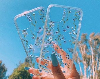 Blue Pressed Flower Phone Case Blue Flower Phone Case Pressed Flower Print Clear Floral Phone Case Gift, iPhone 11 to 14 All models