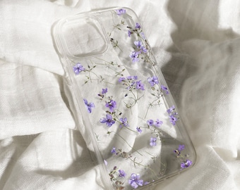 Purple Pressed Flower Phone Case Purple Flower Phone Case Pressed Flower Print Clear Floral Phone Case Gift, iPhone 11 to 14 All models