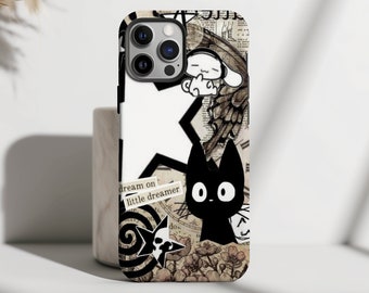 Puede incluir: Carcasa de teléfono en blanco y negro con un diseño de collage que presenta un gato, una estrella, un pájaro y el texto "dream on little dreamer".