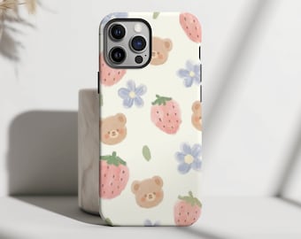 Mobilskal med akvarellmotiv och nallebjörnsmönster, sött jordgubbsblommor för iPhone 15 14 13 12 11 Pro Max 8 Plus X, Samsung Galaxy S23 S22 S20 Ultra