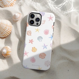 Watercolor Seashell Collage Phone Case Beachy Summer Time, iPhone 15 14 13 12 11 Pro Max 8 Plus X, Samsung Galaxy S24 S23 S22 Ultra Pixel 7