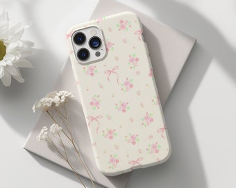 Pink Bow Coquette Phone Case Ditsy Floral Girly Aesthetic iPhone 15 14 13 12 11 Pro Max 8 Plus X, Samsung Galaxy S24 S23 S22 Ultra