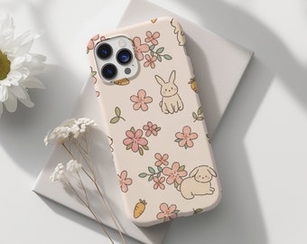 Söta kaninblommor mobilskal kawaii estetiska natur kanin iPhone 15 14 13 12 11 Pro Max 8 Plus X, Samsung Galaxy S23 S22 S20 Ultra