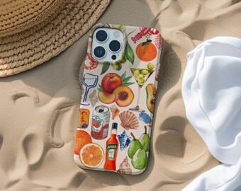 May include: A phone case with a colorful design featuring fruits, drinks, and seashells. The case is beige with a white background and has a variety of illustrations, including peaches, pears, a glass of Aperol Spritz, and a can of soda.