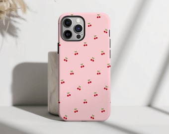 Pink Cherry Pattern Phone Case Red Spring Fruity Preppy Aesthetic iPhone 15 14 13 12 11 Pro Max 8 Plus X, Samsung Galaxy S24 S23 S22 Ultra
