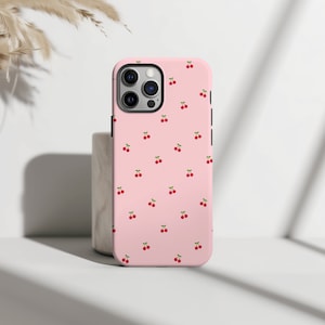 Pink Cherry Pattern Phone Case Red Spring Fruity Preppy Aesthetic iPhone 15 14 13 12 11 Pro Max 8 Plus X, Samsung Galaxy S24 S23 S22 Ultra