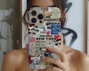 Może przedstawiać: Kolorowe etui na telefon z kolażem obrazów i tekstu, w tym "New York", "Little by Little", "Ever Since", "Paris Ritz Hotel" i "City Girl".