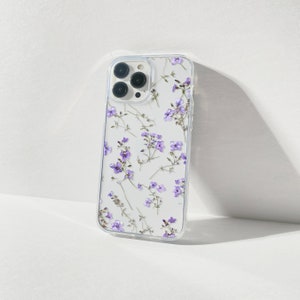 Capa de telefone com flor prensada roxa Capa de telefone com flor roxa com estampa de flor transparente, capa de telefone floral presente, iPhone 11 a 14 Todos os modelos