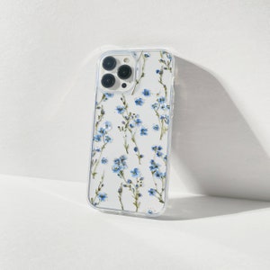 Coque de portable fleurs pressées coque de portable fleurs bleues Coque de portable fleurs pressées transparente, cadeau, iPhone 11 à 14 Tous les modèles
