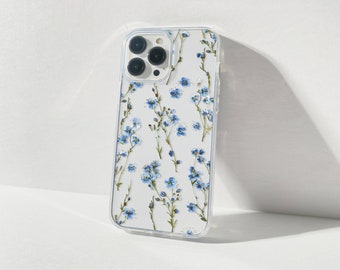 Pressed Flower Phone Case Blue Flower Phone Case Pressed Flower Print Clear Floral Phone Case Gift, iPhone 11 to 14 All models