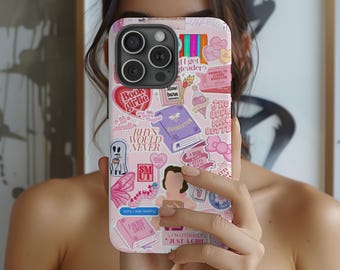ピンクブッククラブコラージュケース、ブック風ケース、読書好きの彼女へのギフト、iPhone 16 15 14 13 12 11 Pro Max 8 Plus X、Samsung Galaxy S24 S23 Ultra