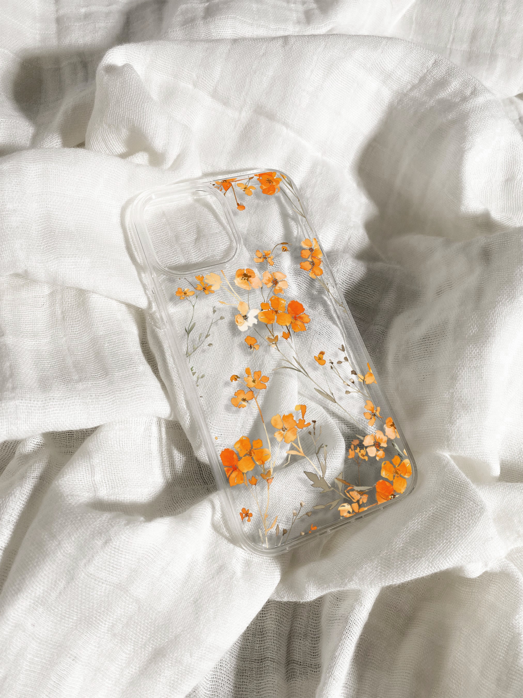 Orange Pressed Flower Phone Case Orange Flower Phone Case Pressed Flower Print Clear Floral Phone Case Gift, iPhone 11 to 14 All models