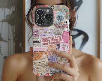 Rosa bokklubbscollagefodral, bokligt fodral, present till flickvännen, alla iPhone- och Samsung-modeller, läsberoendepresent