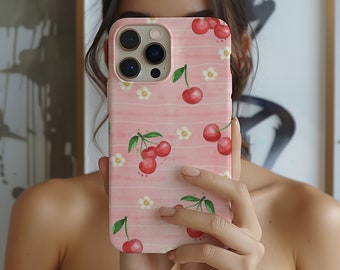 Pink Cherry Pattern Phone Case Ditsy Floral Coquette Aesthetic iPhone 15 14 13 12 11 Pro Max 8 Plus X, Samsung Galaxy S24 S23 S22 Ultra