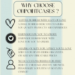 Op de afbeelding: Een afbeelding met de tekst "WHY CHOOSE ONPOINTCASES?" en een lijst met redenen om voor dit kleine bedrijf te kiezen. De redenen zijn: "A little business with a lot of love", "Handmade for you to order", "Amazing quality for a price you'll love", en "We do custom orders for free!"