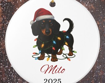Dachshund Christmas Ornament Wiener Dog Wrapped in Lights Cute Holiday Tree Decoration Dog Lover Gift for Women Personalized Puppy Keepsake