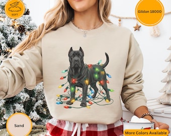 Cane Corso kersttrui, grappig vakantiecadeau voor hondenliefhebbers, schattige zwarte Cane Corso gewikkeld in lichten ronde hals, gezellige wintertrui