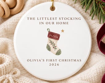 Personalized Baby First Christmas Ornament, Custom Name and Year, New Parent Gift, Little Stocking Ceramic Keepsake, Newborn Holiday Gift