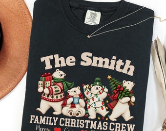 Polar Bear Family Christmas Crew Shirt, Personalized Comfort Colors Tee, Merry Cozy Slightly Chaotic, Custom Surname Holiday Matching Top