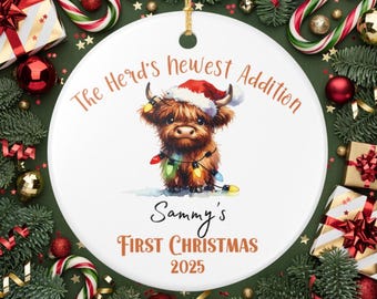 Highland Cow Ornament, Personalized Baby&#39;s 1st Xmas keepsake Ornament, Highland Cow Gift, Custom Christmas Bauble, Vintage Farmhouse Decor