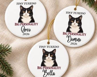 Tiny Tuxedo Big Personality Ornament, Personalized Black and White Cat Christmas Decoration, Custom Pet Name Keepsake, Tuxedo Cat Gift