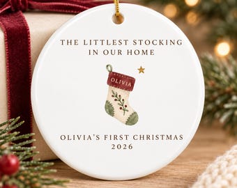 The Littlest Stocking in Our Home Ornament, Personalized First Christmas Keepsake, Vintage Style Baby Stocking, Custom Name and Year